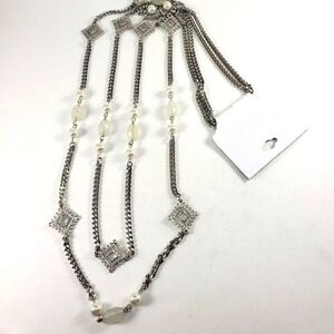 Women's Polished Layered Silver-tone Filigree diamond shape Beaded Necklace, 38"